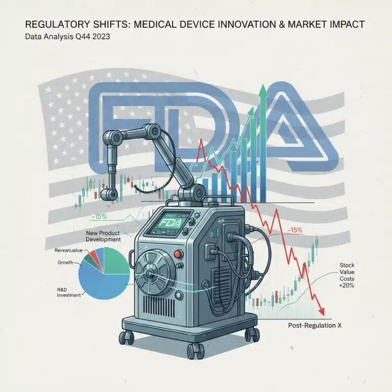 Financial charts overlapping a medical device, illustrating FDA regulatory impact on MedTech profit margins.