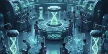 Futuristic lab with scientists developing CRISPR gene therapy