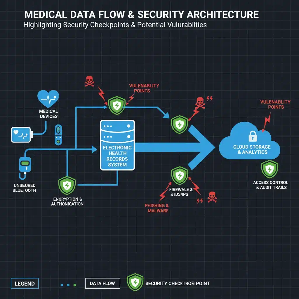 Complex network diagram showing secure and vulnerable data pathways in a healthcare system.