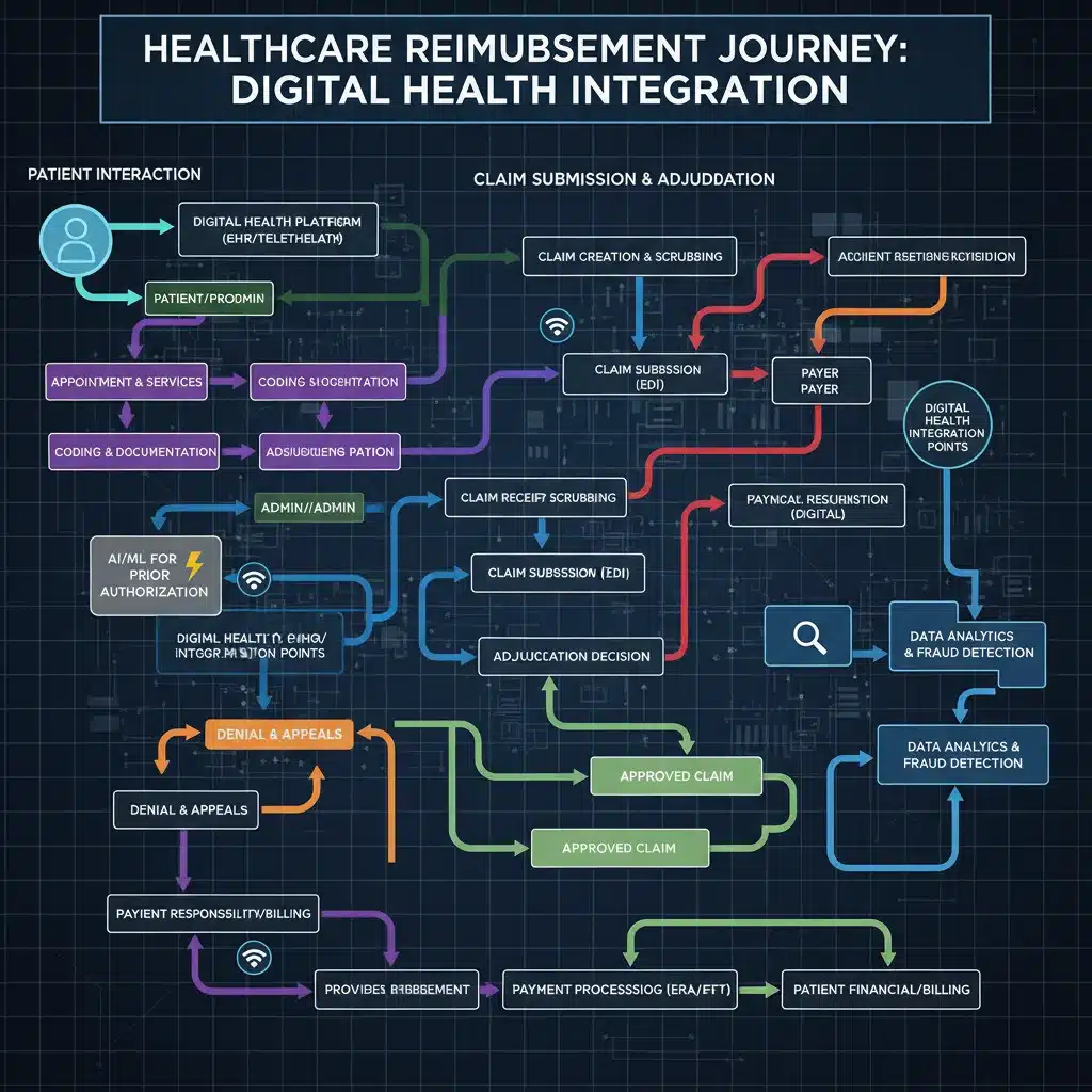 Complex healthcare reimbursement process flowchart