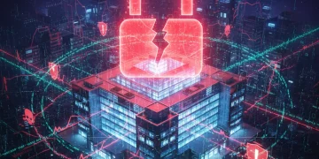 Cybersecurity Breaches in US Hospitals: A 10% Surge in Late 2026 Hospital building with a red padlock and data streams, representing a cybersecurity breach in healthcare.