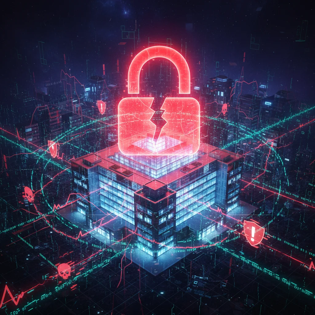 Hospital building with a red padlock and data streams, representing a cybersecurity breach in healthcare.