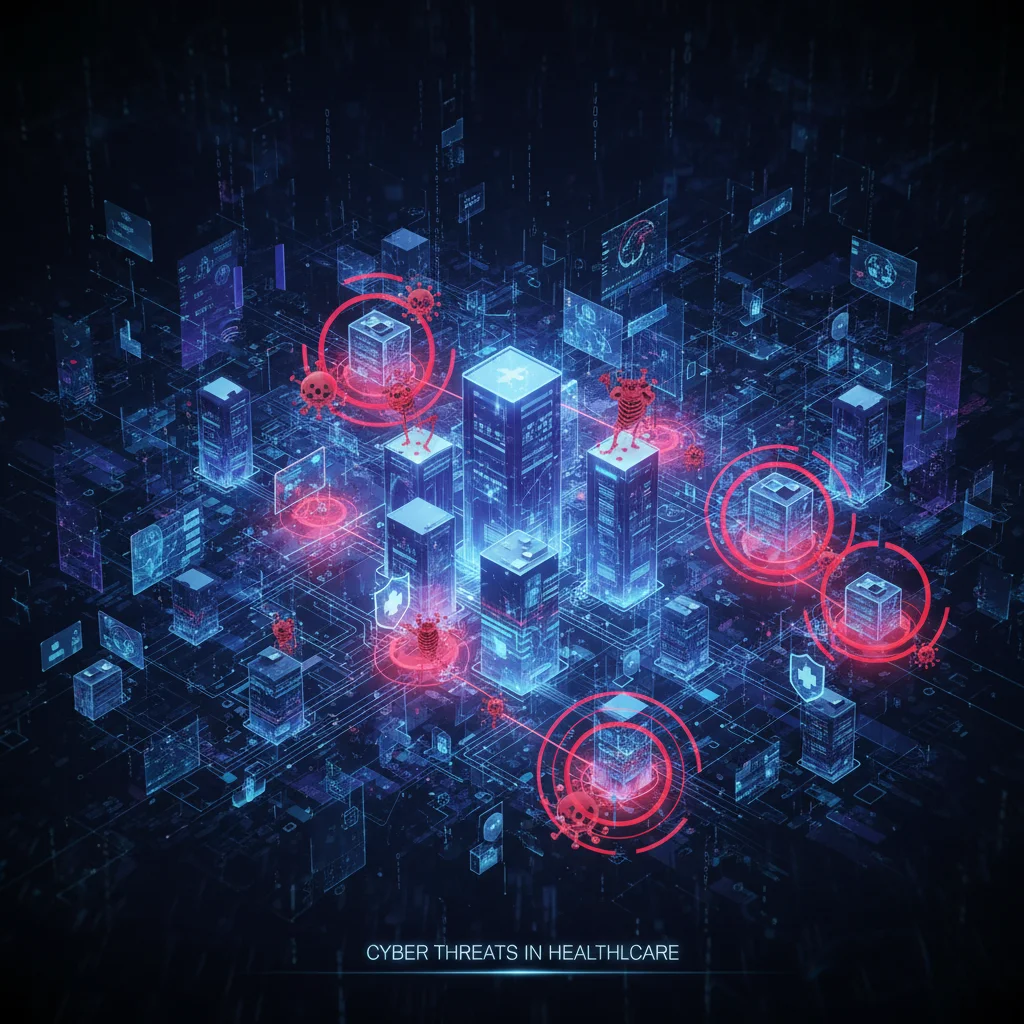 Complex hospital network with highlighted vulnerabilities, illustrating cyber threat landscape.