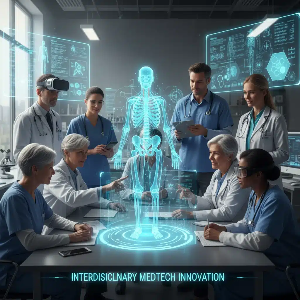 Interdisciplinary team collaborating on advanced medical technology research.