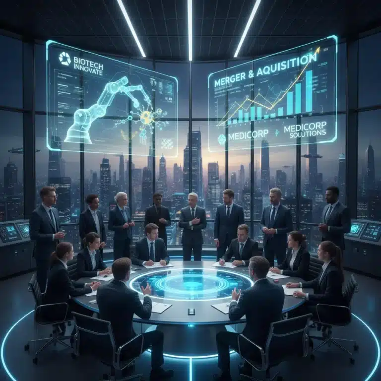 Professionals analyzing MedTech M&A opportunities on digital screens
