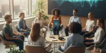 MedTech professionals participating in a guided mental wellness session in a modern office.