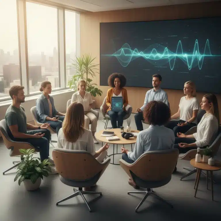 MedTech professionals participating in a guided mental wellness session in a modern office.