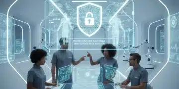 Secure digital medical environment with cybersecurity shield protecting patient data.