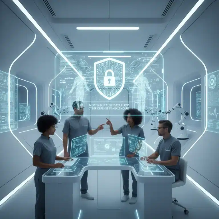Secure digital medical environment with cybersecurity shield protecting patient data.