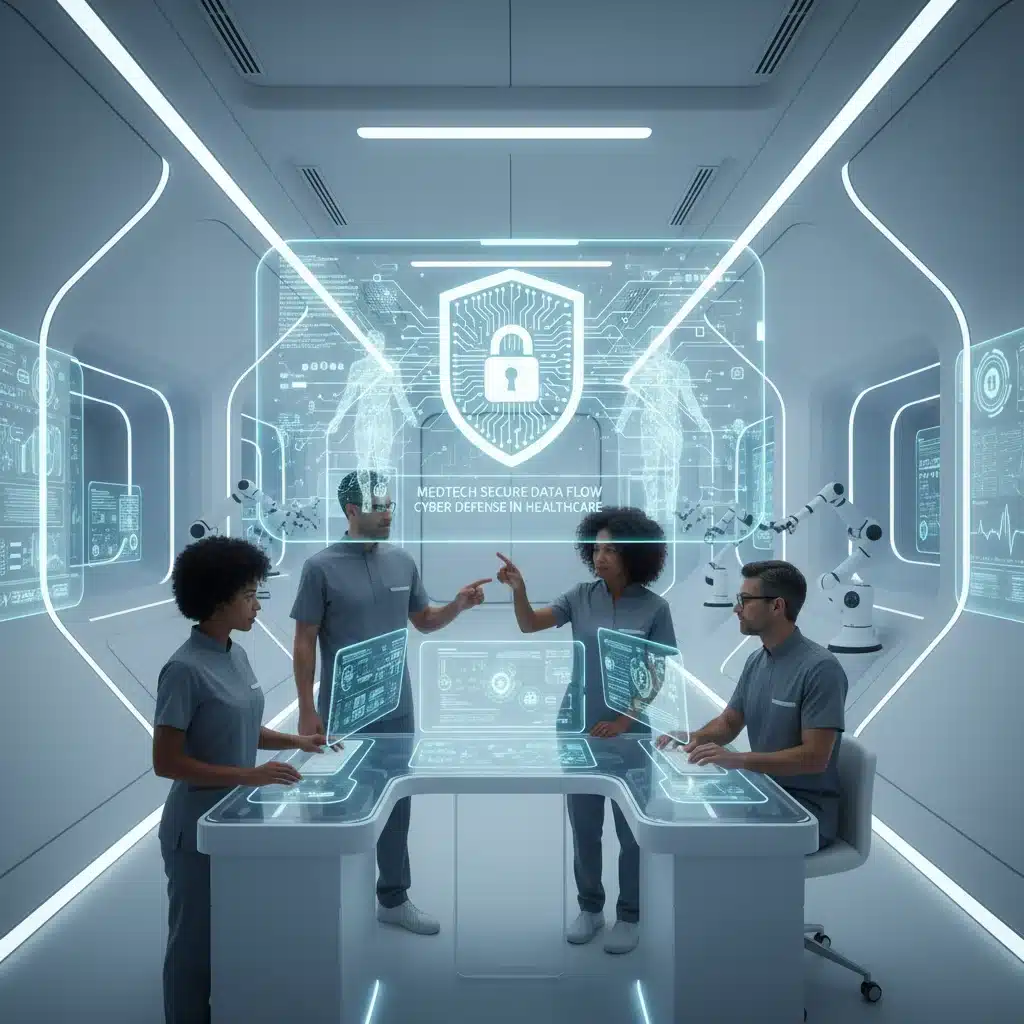 Secure digital medical environment with cybersecurity shield protecting patient data.