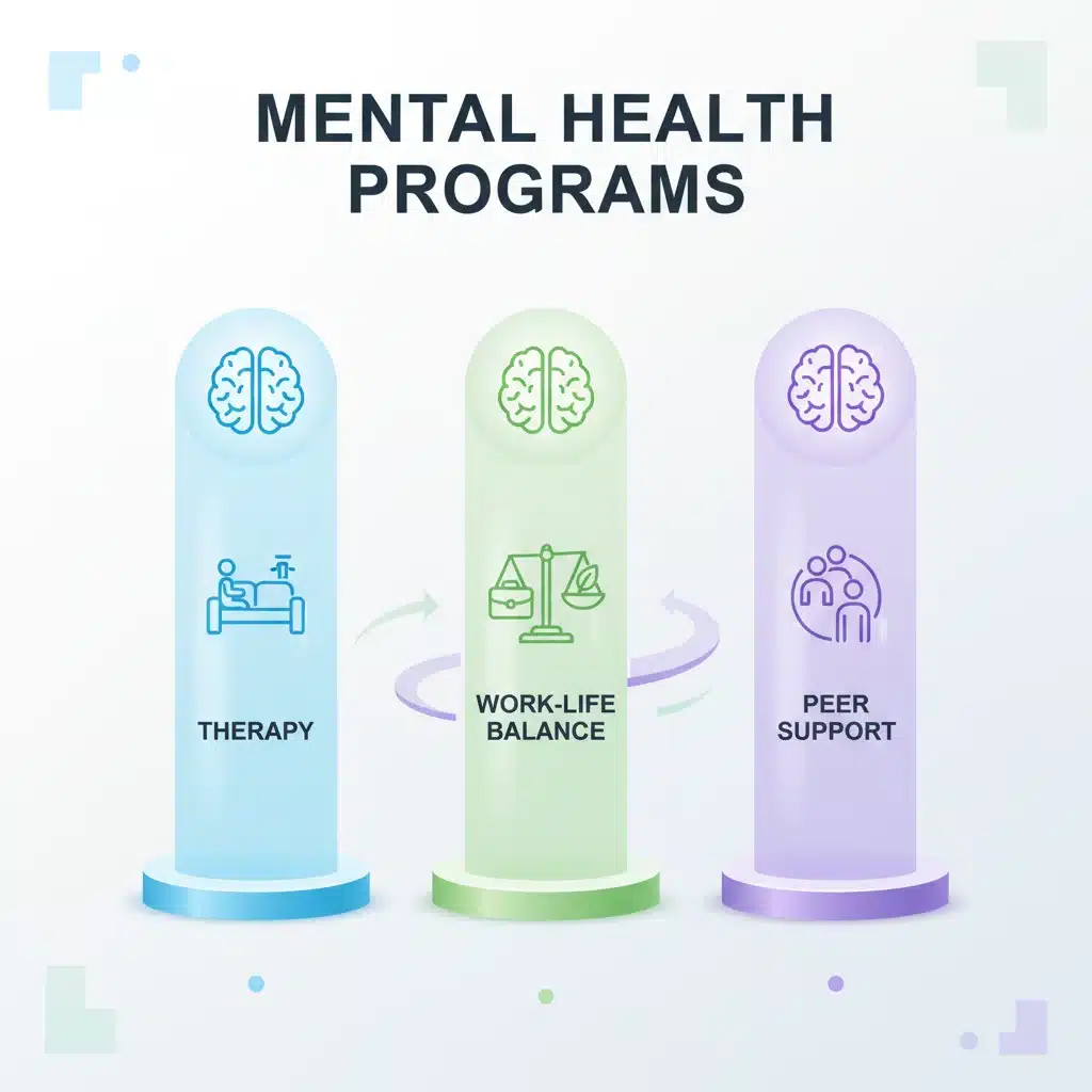 Infographic detailing three core mental health benefit programs for MedTech workers.