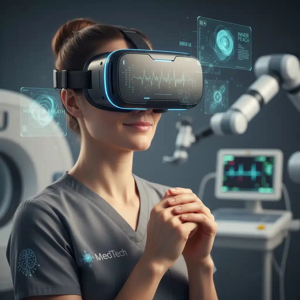 MedTech employee engaging in virtual reality meditation for stress relief.
