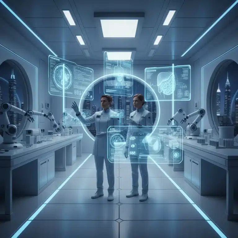 Doctors examining AI-powered diagnostic results on advanced screens