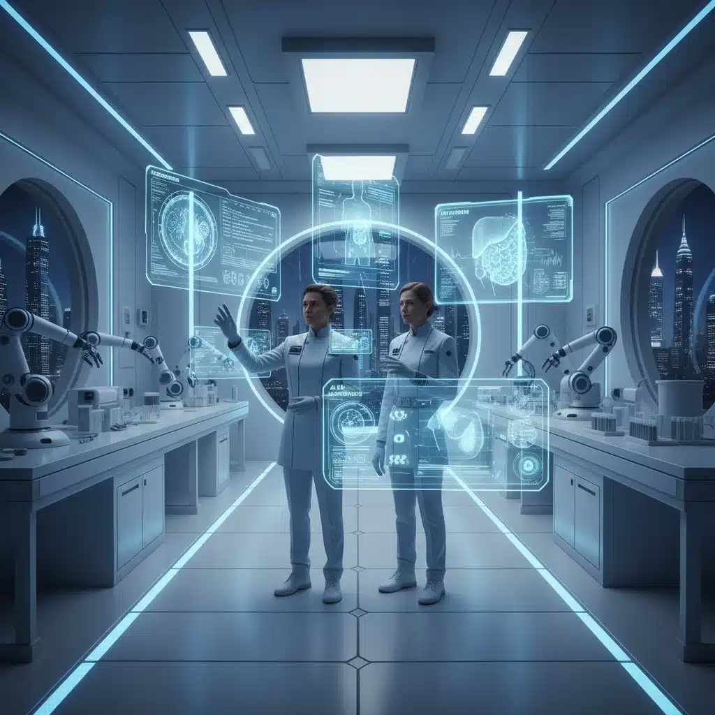 Doctors examining AI-powered diagnostic results on advanced screens