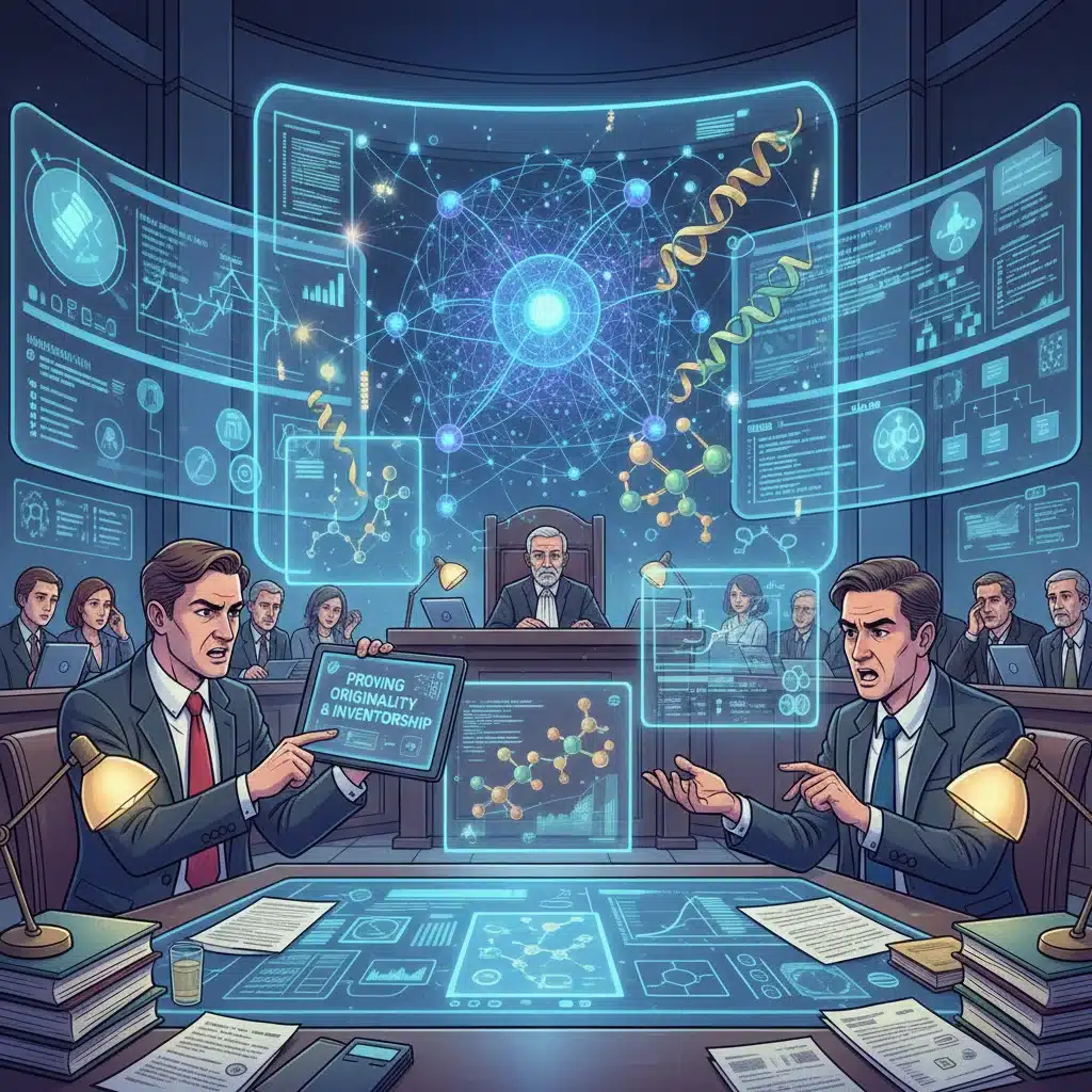 Courtroom scene debating AI drug discovery inventorship