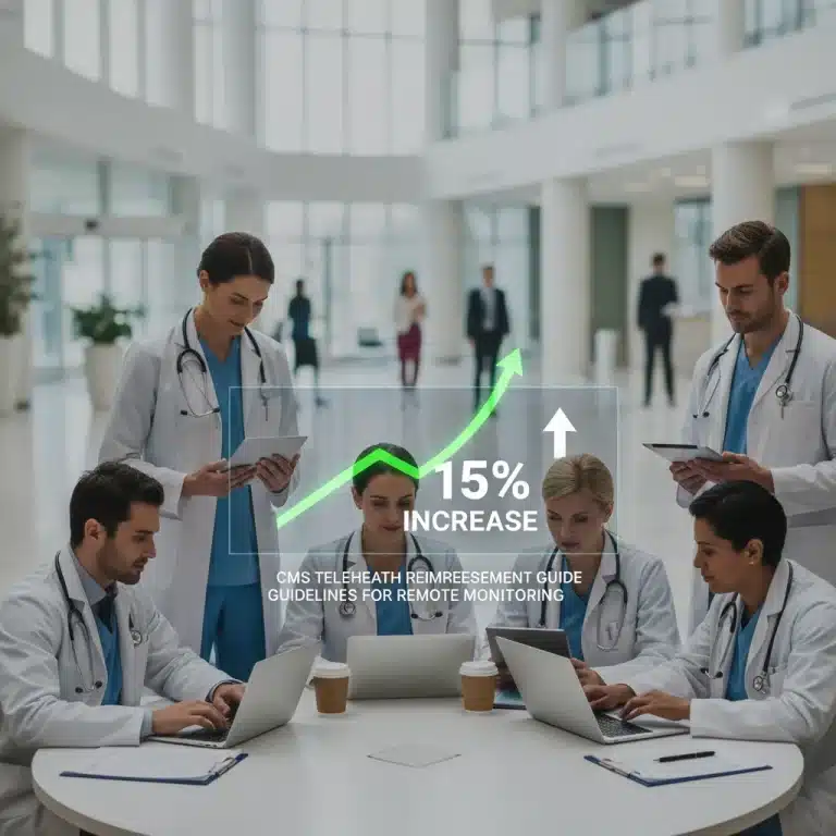Healthcare professionals discussing new CMS telehealth reimbursement guidelines