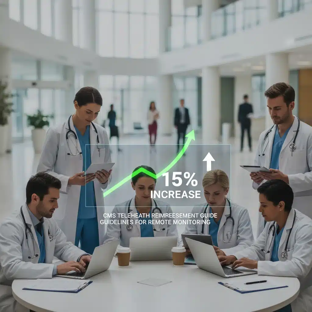 Healthcare professionals discussing new CMS telehealth reimbursement guidelines