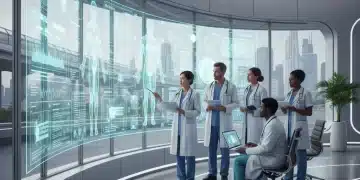 Healthcare professionals collaborating with digital health technology