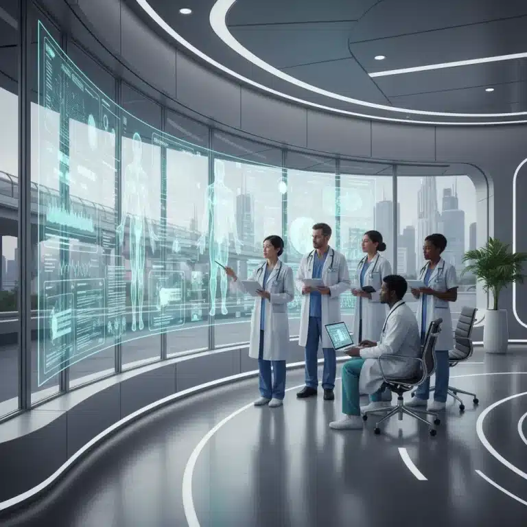 Healthcare professionals collaborating with digital health technology