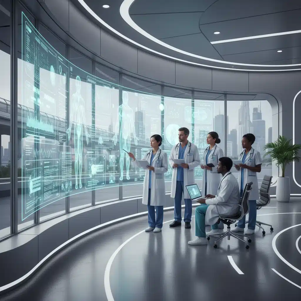 Healthcare professionals collaborating with digital health technology