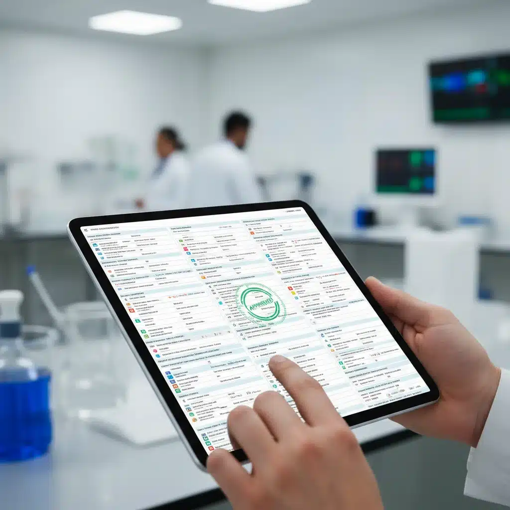 Digital regulatory document on a tablet in a medical setting