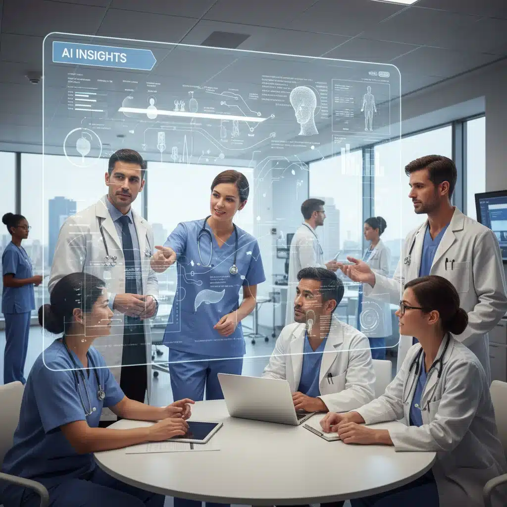 Healthcare professionals collaborating with AI for patient care