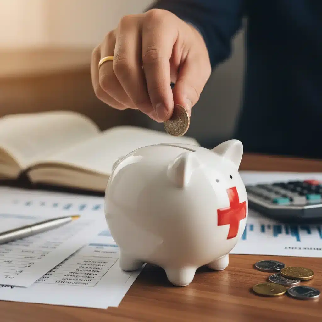 Hand placing coins into a healthcare-themed piggy bank, symbolizing HSA savings