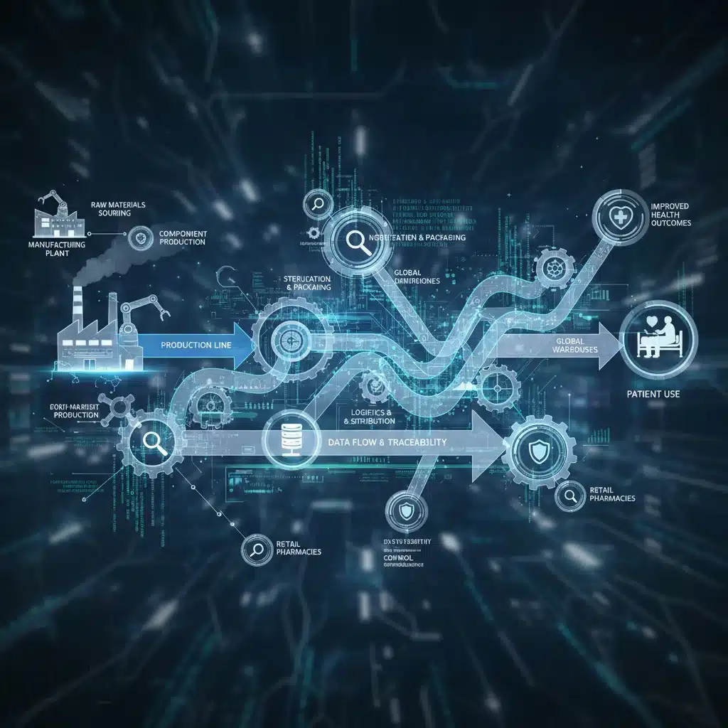 Complex medical device supply chain and data flow illustration