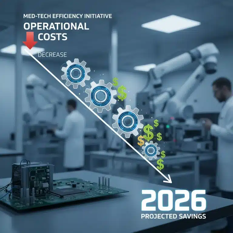 Infographic showing 10% operational cost reduction in MedTech by 2026