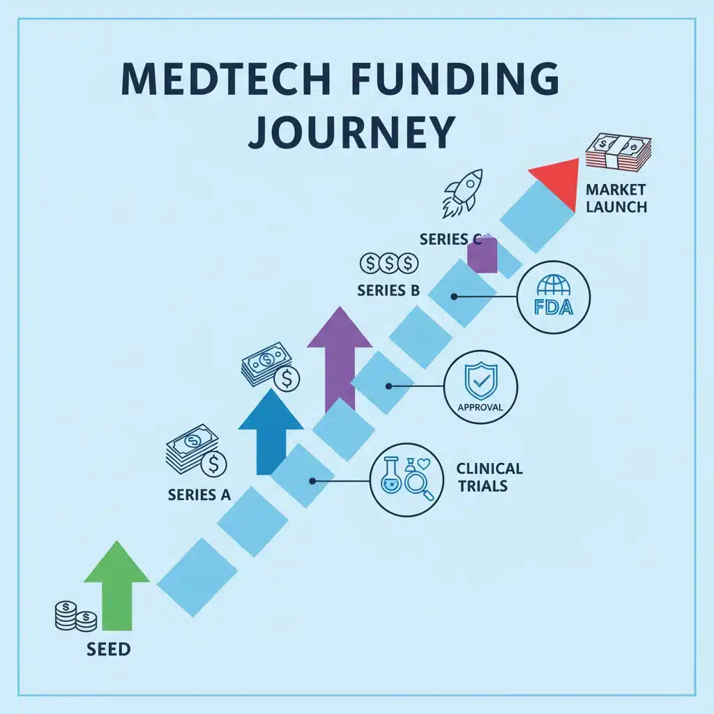 Infographic showing the MedTech funding journey from seed to market launch