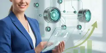 MedTech professional reviewing HSA benefits on a tablet with financial growth graphics in the background