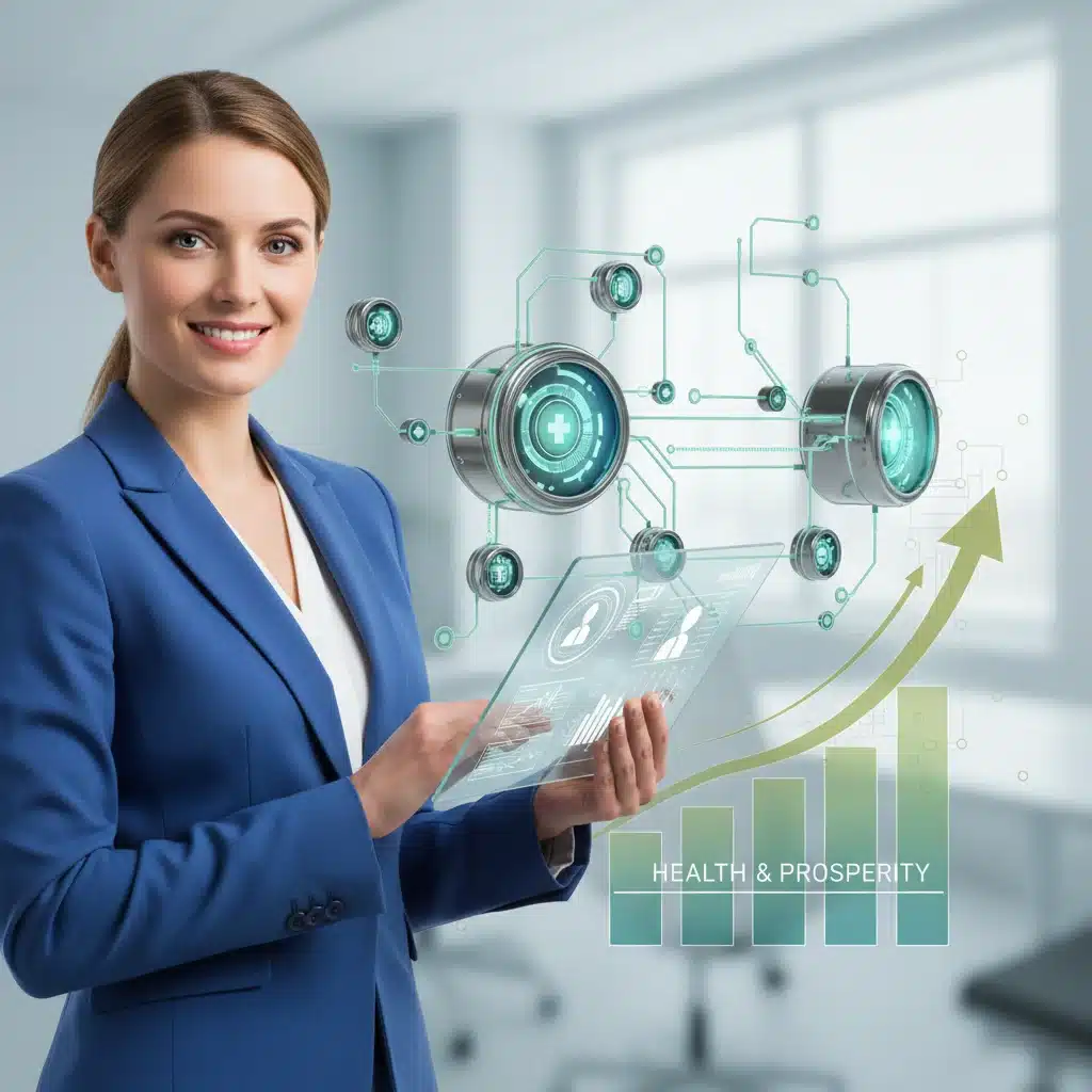 MedTech professional reviewing HSA benefits on a tablet with financial growth graphics in the background