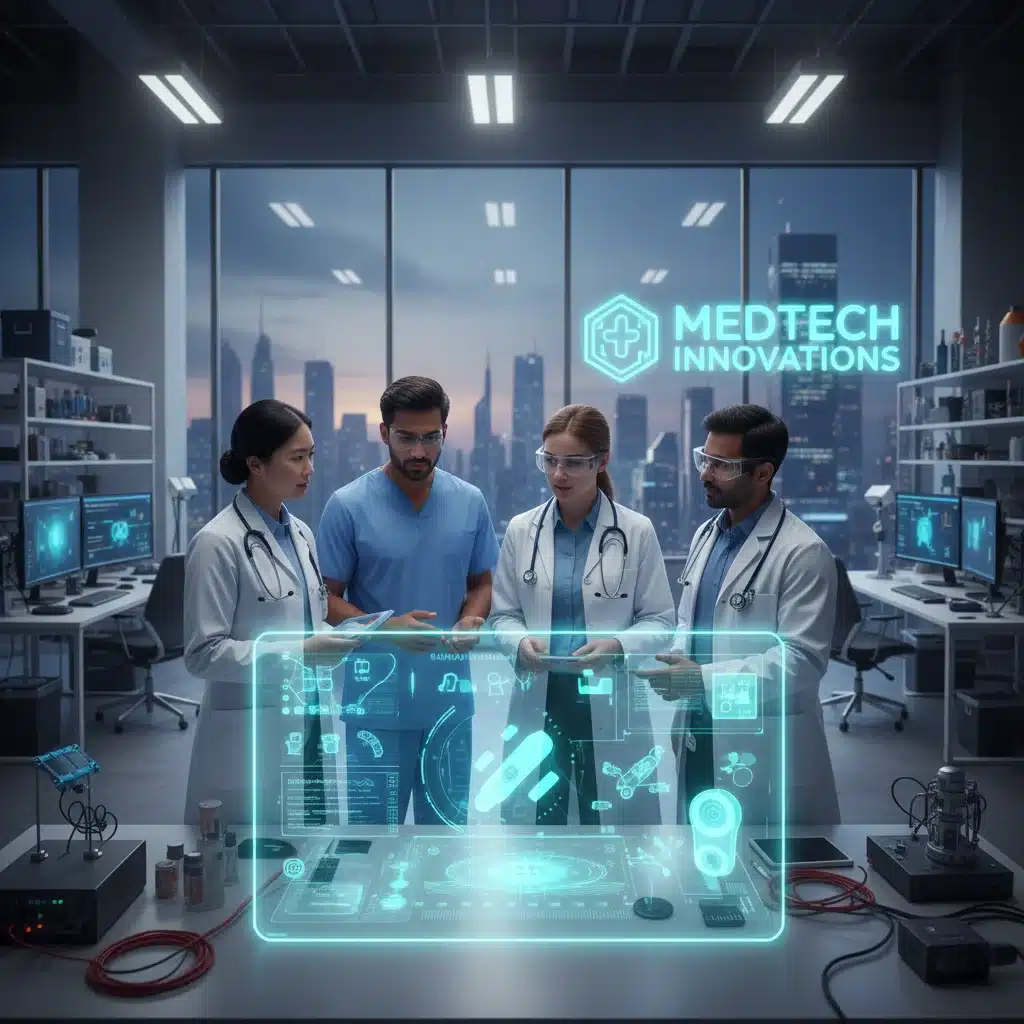 Healthcare professionals collaborating on innovative medical technology in a modern lab setting.