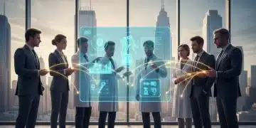 Diverse team collaborating on MedTech innovation with funding symbols, representing US startup success