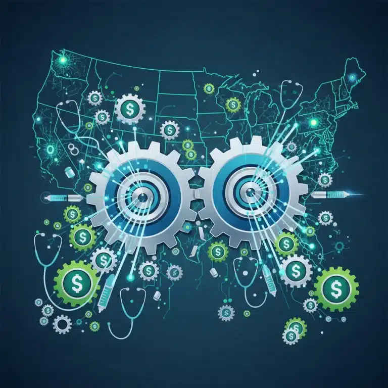 Illustration of merging gears and medical devices, symbolizing MedTech consolidation in the US market.