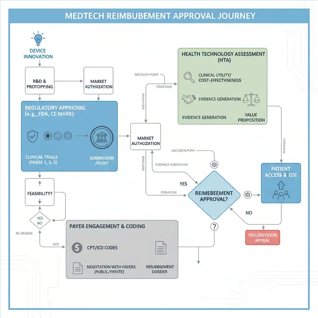 Complex flowchart showing MedTech reimbursement pathways and regulatory steps.