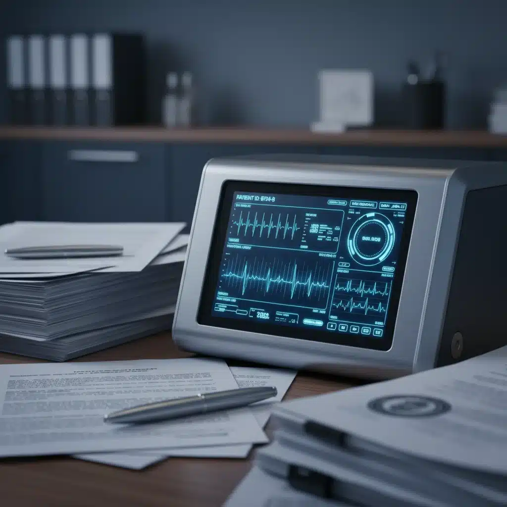 Futuristic medical device with policy documents, representing MedTech reimbursement changes.