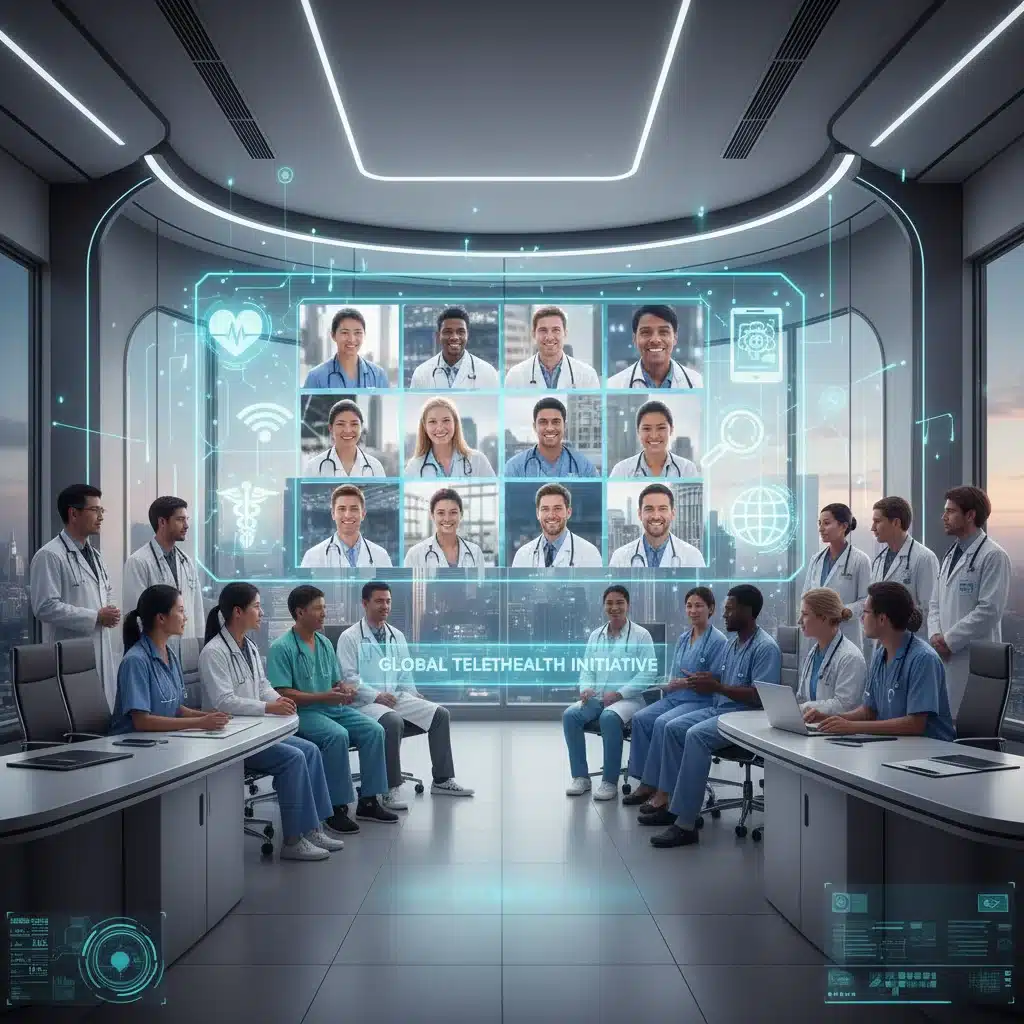 Healthcare professionals collaborating virtually in a modern telehealth setting