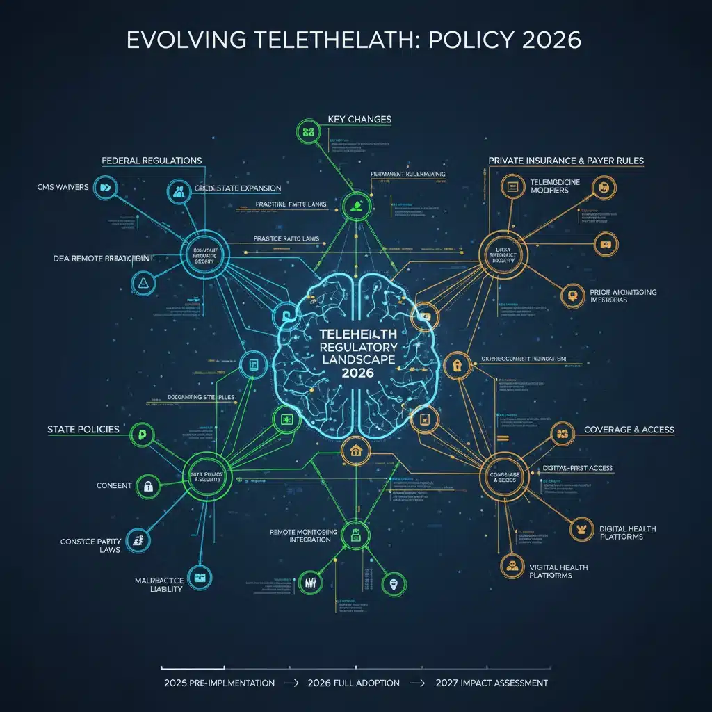 Infographic illustrating the regulatory landscape of 2026 telehealth policies